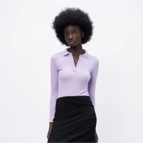 Zara Lilac Long-sleeved Polo Bodysuit Purple Polo Collar Bodysuit Size S - Picture 2 of 8